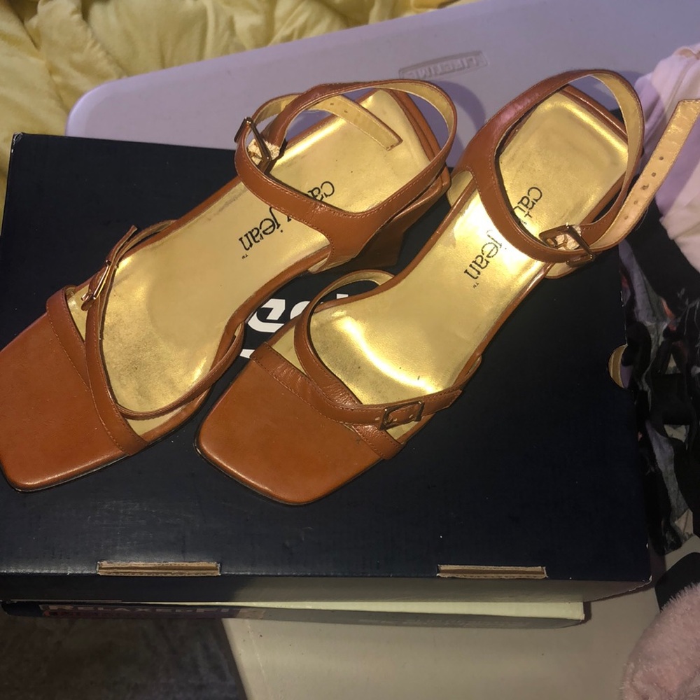 Caramel open toe wedge sandal